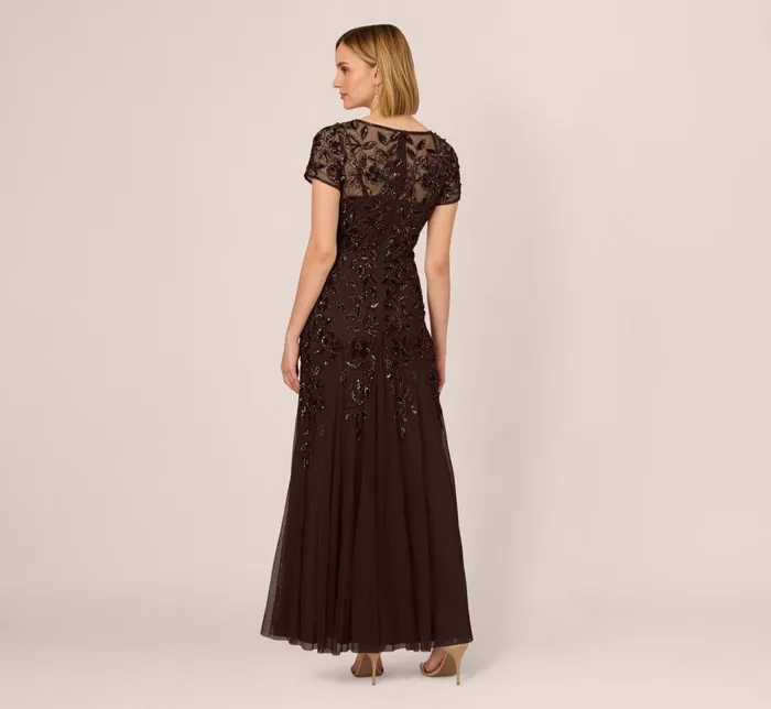 Adrianna Papell Formal Dresses Hand Beaded Short Sleeve Floral Godet Gown In Chocolate 8211 Women