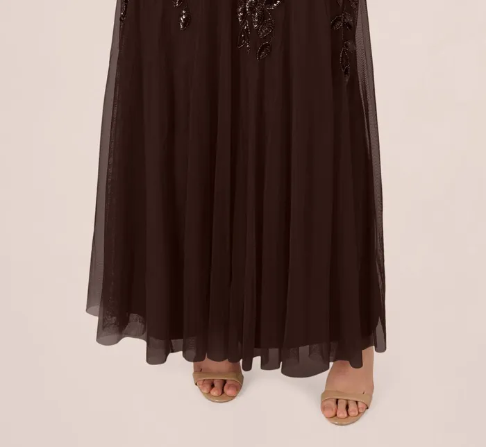 Adrianna Papell Formal Dresses Hand Beaded Short Sleeve Floral Godet Gown In Chocolate 8211 Women
