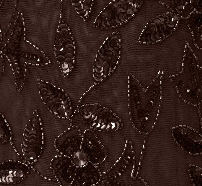 Adrianna Papell Formal Dresses Hand Beaded Short Sleeve Floral Godet Gown In Chocolate 8211 Women