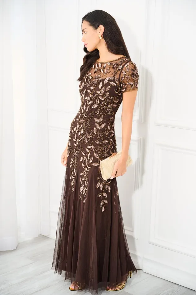 Adrianna Papell Formal Dresses Hand Beaded Short Sleeve Floral Godet Gown In Chocolate 8211 Women