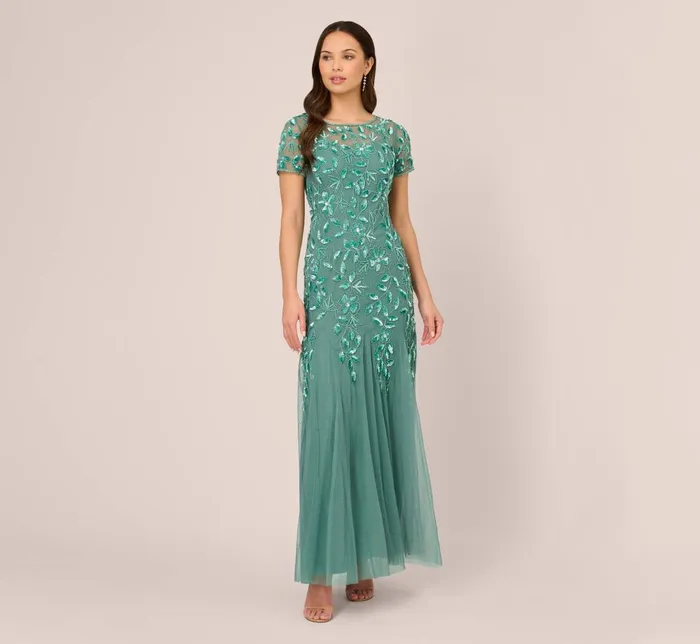 Adrianna Papell Formal Dresses Hand Beaded Short Sleeve Floral Godet Gown In Green Slate 8211 Women Adrianna Papell Formal Dresses Hand Beaded Short Sleeve Floral Godet Gown In Green Slate 8211 Women