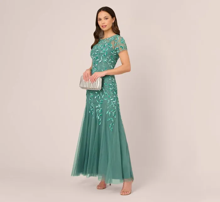 Adrianna Papell Formal Dresses Hand Beaded Short Sleeve Floral Godet Gown In Green Slate 8211 Women