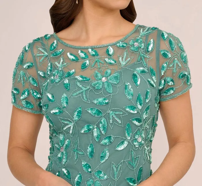 Adrianna Papell Formal Dresses Hand Beaded Short Sleeve Floral Godet Gown In Green Slate 8211 Women