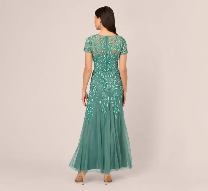 Adrianna Papell Formal Dresses Hand Beaded Short Sleeve Floral Godet Gown In Green Slate 8211 Women
