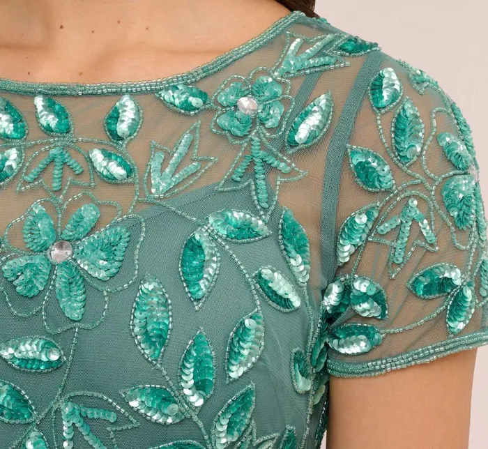 Adrianna Papell Formal Dresses Hand Beaded Short Sleeve Floral Godet Gown In Green Slate 8211 Women