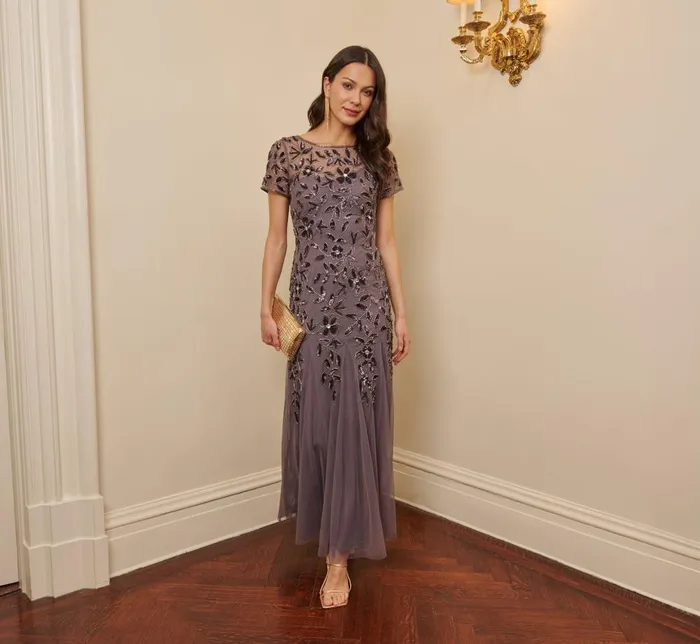Adrianna Papell Formal Dresses Hand Beaded Short Sleeve Floral Godet Gown In Moonscape 8211 Women