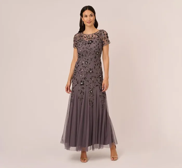 Adrianna Papell Formal Dresses Hand Beaded Short Sleeve Floral Godet Gown In Moonscape 8211 Women