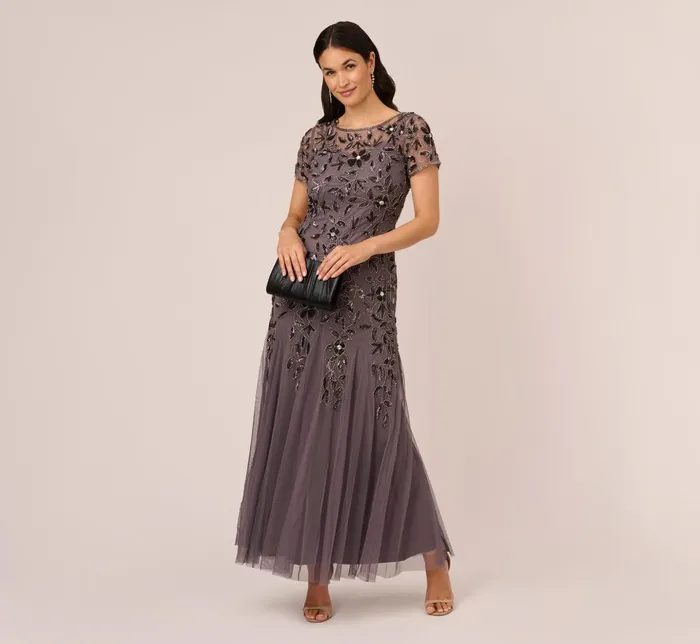 Adrianna Papell Formal Dresses Hand Beaded Short Sleeve Floral Godet Gown In Moonscape 8211 Women