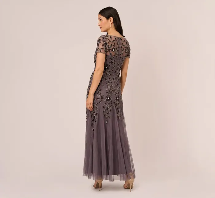 Adrianna Papell Formal Dresses Hand Beaded Short Sleeve Floral Godet Gown In Moonscape 8211 Women