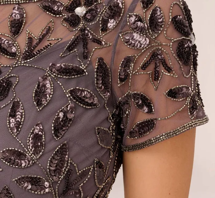 Adrianna Papell Formal Dresses Hand Beaded Short Sleeve Floral Godet Gown In Moonscape 8211 Women