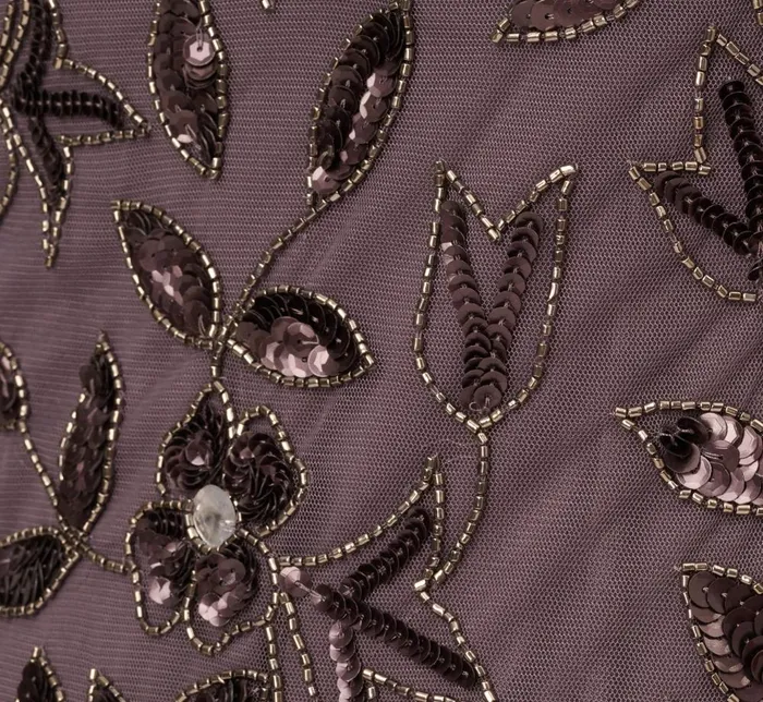 Adrianna Papell Formal Dresses Hand Beaded Short Sleeve Floral Godet Gown In Moonscape 8211 Women