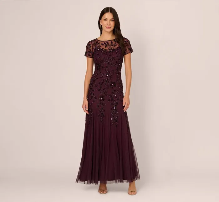 Adrianna Papell Formal Dresses Hand Beaded Short Sleeve Floral Godet Gown In Night Plum 8211 Women Adrianna Papell Formal Dresses Hand Beaded Short Sleeve Floral Godet Gown In Night Plum 8211 Women