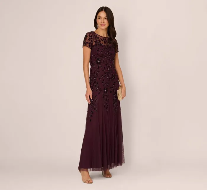 Adrianna Papell Formal Dresses Hand Beaded Short Sleeve Floral Godet Gown In Night Plum 8211 Women