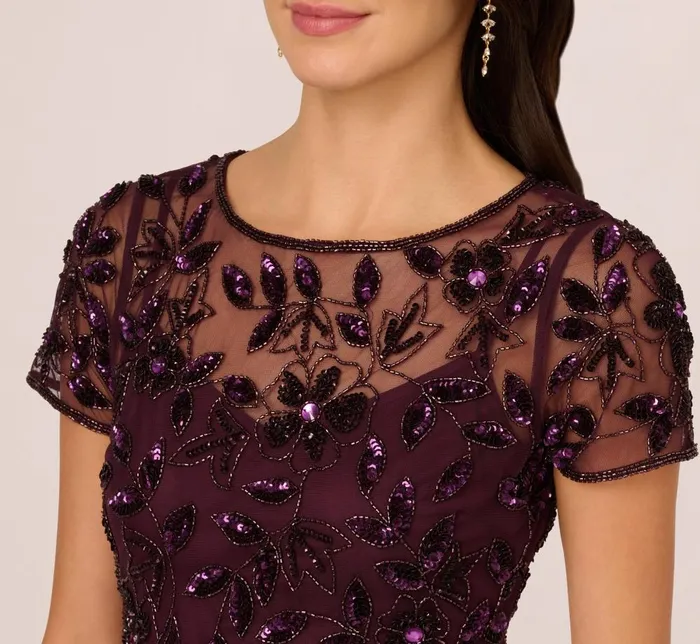 Adrianna Papell Formal Dresses Hand Beaded Short Sleeve Floral Godet Gown In Night Plum 8211 Women