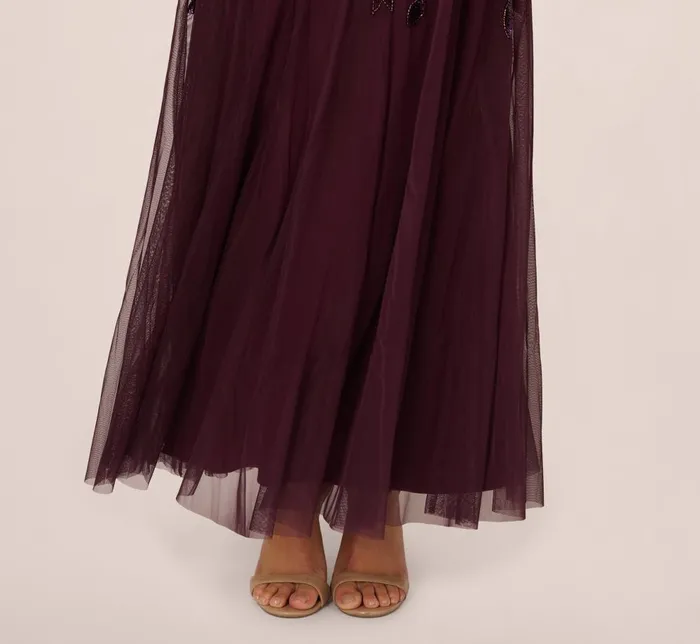Adrianna Papell Formal Dresses Hand Beaded Short Sleeve Floral Godet Gown In Night Plum 8211 Women