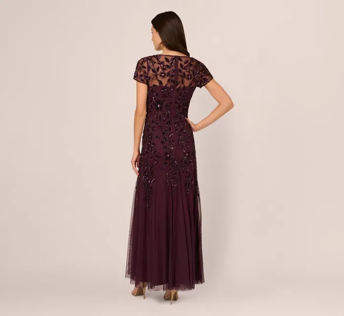 Adrianna Papell Formal Dresses Hand Beaded Short Sleeve Floral Godet Gown In Night Plum 8211 Women