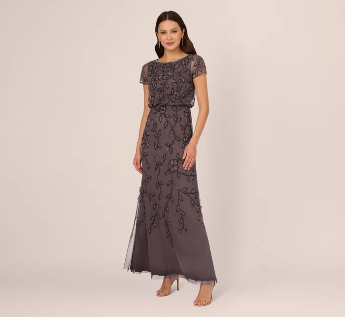 Adrianna Papell Formal Dresses Jasmine Beaded Blouson Gown With Sheer Short Sleeves In Moonscape 8211 Women Adrianna Papell Formal Dresses Jasmine Beaded Blouson Gown With Sheer Short Sleeves In Moonscape 8211 Women