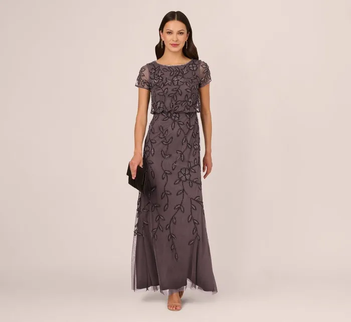 Adrianna Papell Formal Dresses Jasmine Beaded Blouson Gown With Sheer Short Sleeves In Moonscape 8211 Women