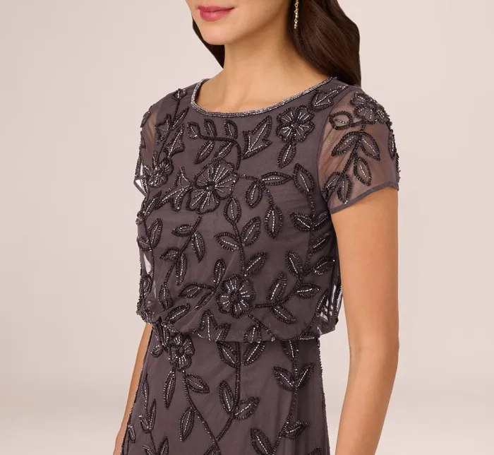 Adrianna Papell Formal Dresses Jasmine Beaded Blouson Gown With Sheer Short Sleeves In Moonscape 8211 Women