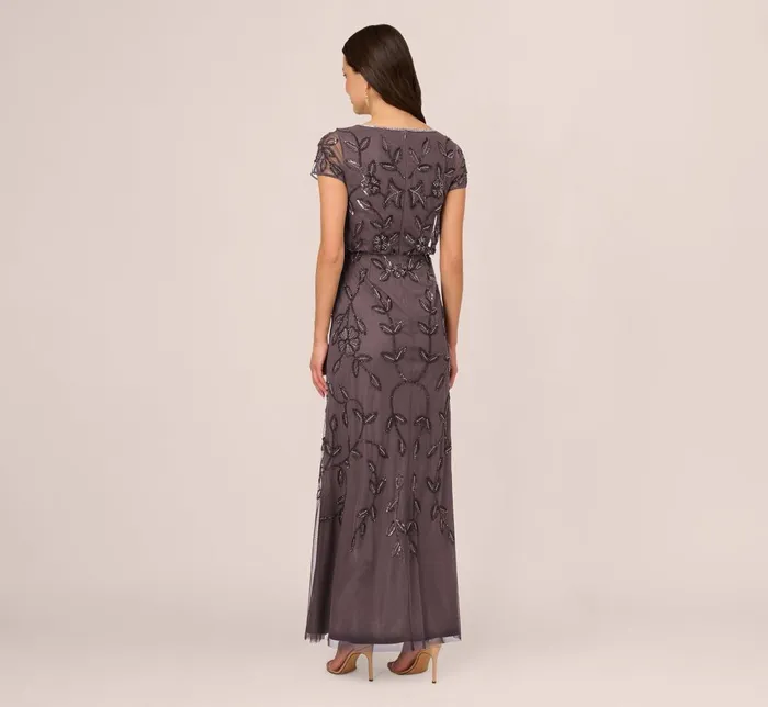 Adrianna Papell Formal Dresses Jasmine Beaded Blouson Gown With Sheer Short Sleeves In Moonscape 8211 Women