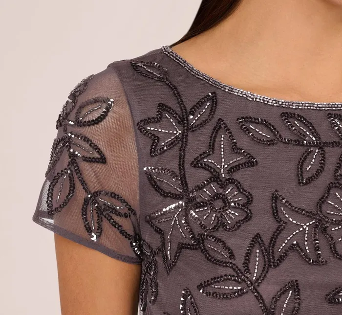 Adrianna Papell Formal Dresses Jasmine Beaded Blouson Gown With Sheer Short Sleeves In Moonscape 8211 Women