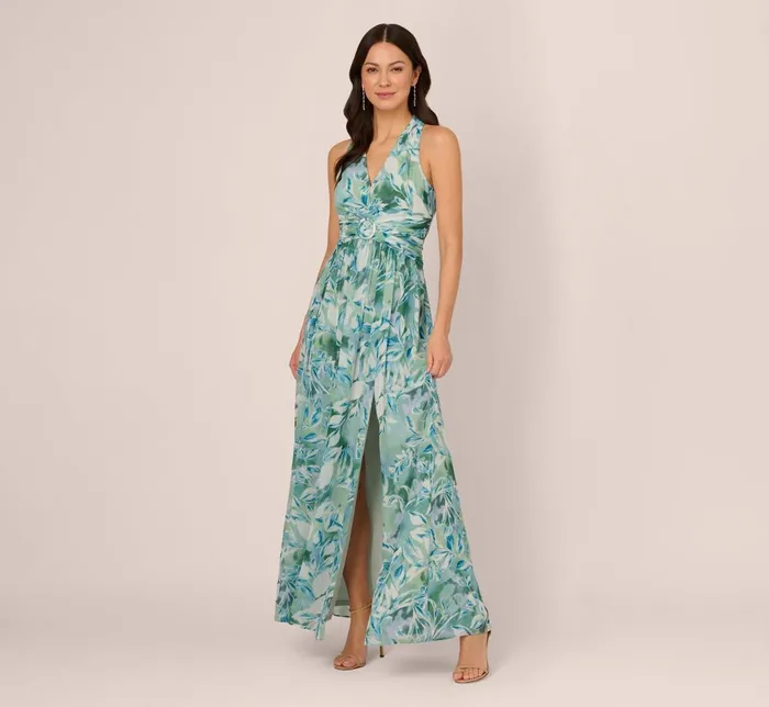 Adrianna Papell Formal Dresses Leaf Print Chiffon Shirred Gown With Halter Neckline In Slate 8211 Women