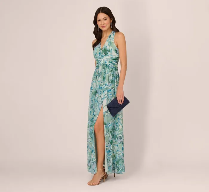 Adrianna Papell Formal Dresses Leaf Print Chiffon Shirred Gown With Halter Neckline In Slate 8211 Women