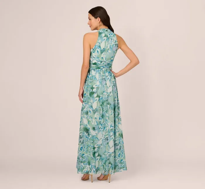 Adrianna Papell Formal Dresses Leaf Print Chiffon Shirred Gown With Halter Neckline In Slate 8211 Women