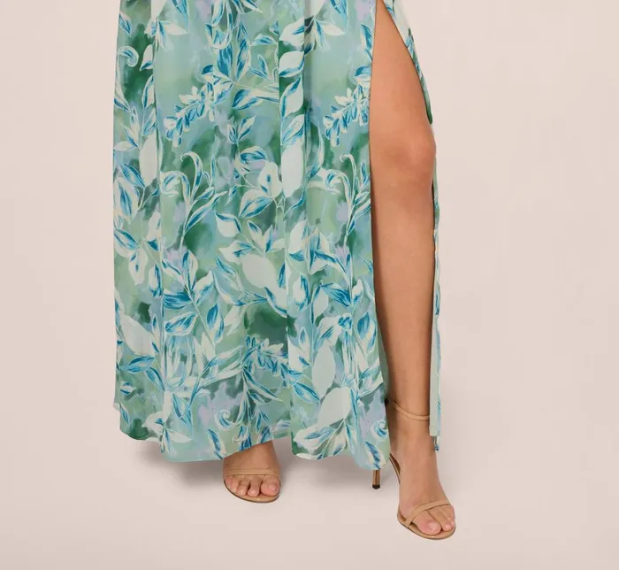 Adrianna Papell Formal Dresses Leaf Print Chiffon Shirred Gown With Halter Neckline In Slate 8211 Women