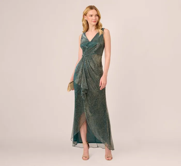 Adrianna Papell Formal Dresses Metallic Mesh Faux Wrap Gown With Ruffle Accents In Evergreen 8211 Women