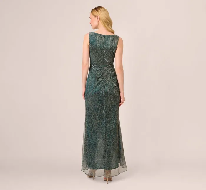 Adrianna Papell Formal Dresses Metallic Mesh Faux Wrap Gown With Ruffle Accents In Evergreen 8211 Women