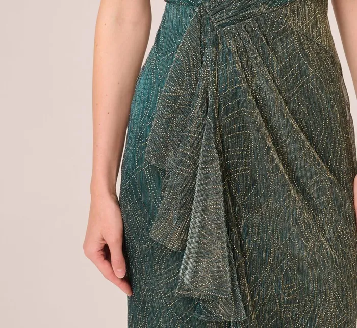Adrianna Papell Formal Dresses Metallic Mesh Faux Wrap Gown With Ruffle Accents In Evergreen 8211 Women