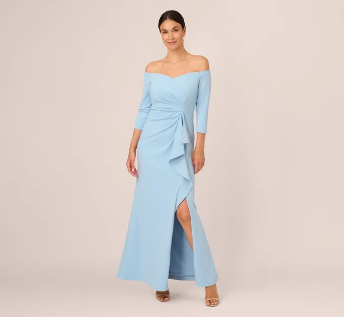 Adrianna Papell Formal Dresses Off The Shoulder Cascading Ruffle Gown In Blue Mist 8211 Women Adrianna Papell Formal Dresses Off The Shoulder Cascading Ruffle Gown In Blue Mist 8211 Women