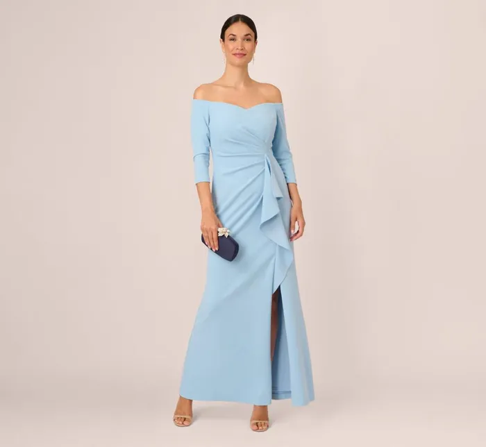 Adrianna Papell Formal Dresses Off The Shoulder Cascading Ruffle Gown In Blue Mist 8211 Women