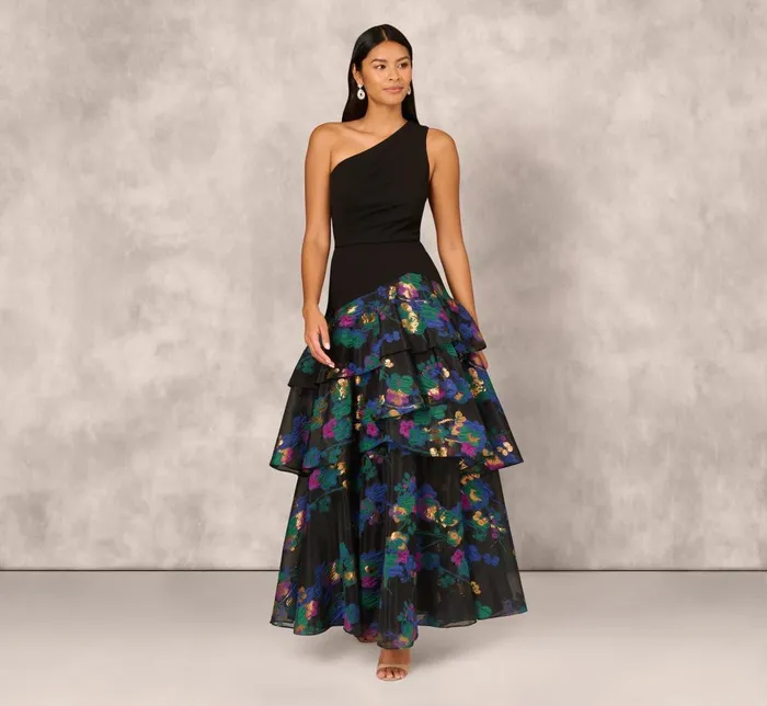 Adrianna Papell Formal Dresses One Shoulder Crepe Ball Gown With Floral Jacquard Skirt In Black Multi 8211 Women Adrianna Papell Formal Dresses One Shoulder Crepe Ball Gown With Floral Jacquard Skirt In Black Multi 8211 Women