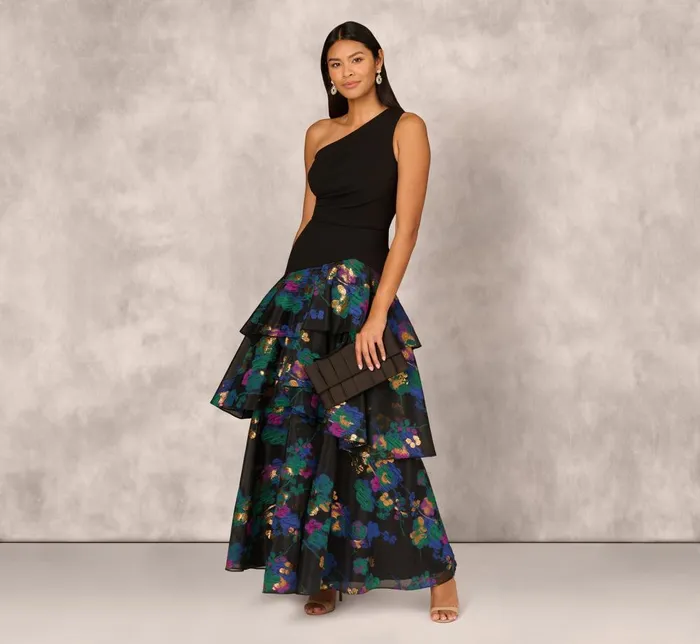 Adrianna Papell Formal Dresses One Shoulder Crepe Ball Gown With Floral Jacquard Skirt In Black Multi 8211 Women