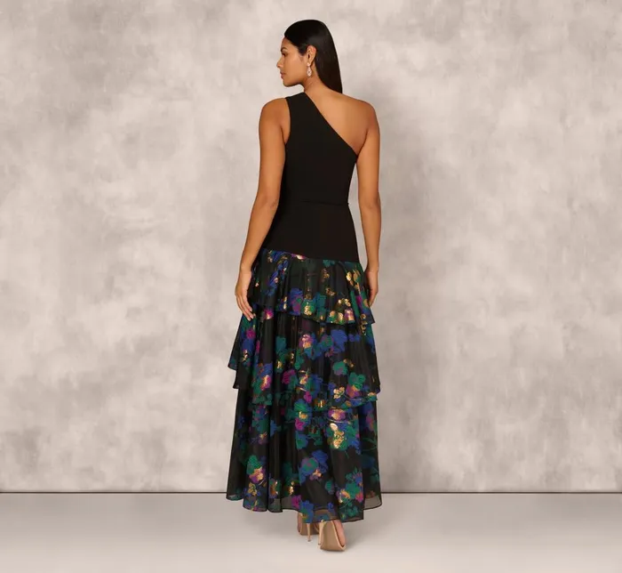 Adrianna Papell Formal Dresses One Shoulder Crepe Ball Gown With Floral Jacquard Skirt In Black Multi 8211 Women