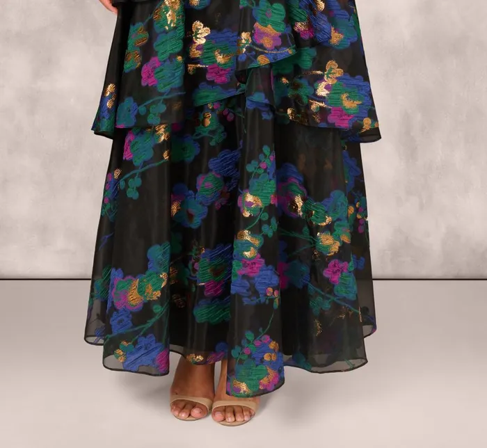 Adrianna Papell Formal Dresses One Shoulder Crepe Ball Gown With Floral Jacquard Skirt In Black Multi 8211 Women