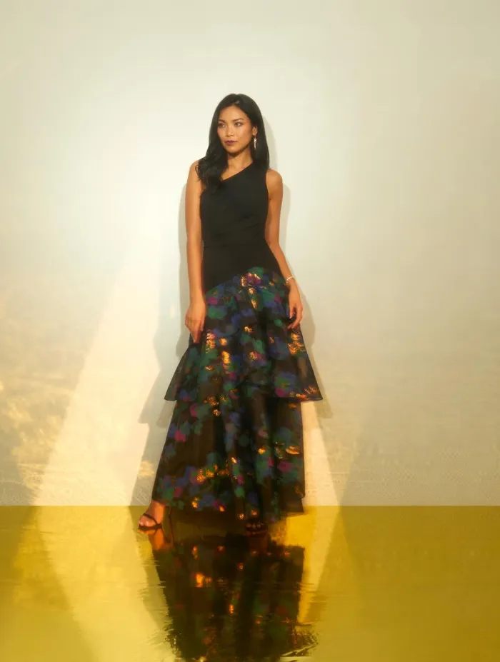 Adrianna Papell Formal Dresses One Shoulder Crepe Ball Gown With Floral Jacquard Skirt In Black Multi 8211 Women