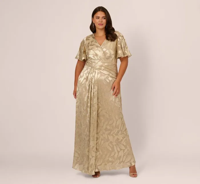 Adrianna Papell Formal Dresses Plus Size Foil Leaf Short Sleeve Gown With Draped Details In Champagne Gold 8211 Women Adrianna Papell Formal Dresses Plus Size Foil Leaf Short Sleeve Gown With Draped Details In Champagne Gold 8211 Women