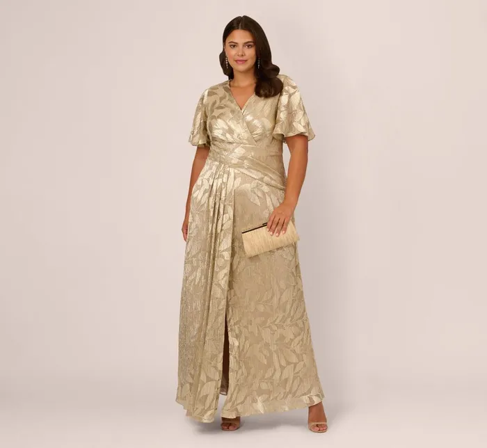 Adrianna Papell Formal Dresses Plus Size Foil Leaf Short Sleeve Gown With Draped Details In Champagne Gold 8211 Women