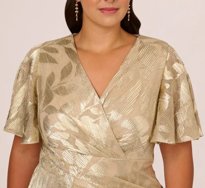 Adrianna Papell Formal Dresses Plus Size Foil Leaf Short Sleeve Gown With Draped Details In Champagne Gold 8211 Women