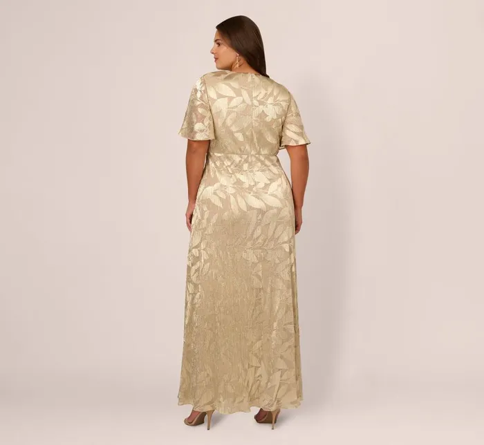 Adrianna Papell Formal Dresses Plus Size Foil Leaf Short Sleeve Gown With Draped Details In Champagne Gold 8211 Women