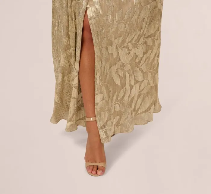 Adrianna Papell Formal Dresses Plus Size Foil Leaf Short Sleeve Gown With Draped Details In Champagne Gold 8211 Women