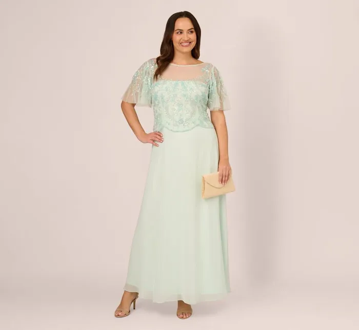 Adrianna Papell Formal Dresses Plus Size HandBeaded Illusion Long Gown With Flutter Sleeves In Mint Glass 8211 Women