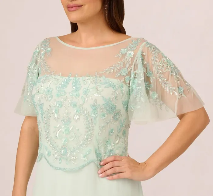 Adrianna Papell Formal Dresses Plus Size HandBeaded Illusion Long Gown With Flutter Sleeves In Mint Glass 8211 Women
