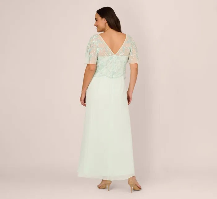 Adrianna Papell Formal Dresses Plus Size HandBeaded Illusion Long Gown With Flutter Sleeves In Mint Glass 8211 Women