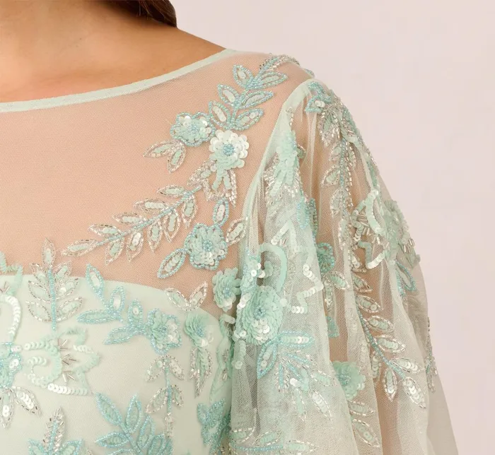Adrianna Papell Formal Dresses Plus Size HandBeaded Illusion Long Gown With Flutter Sleeves In Mint Glass 8211 Women
