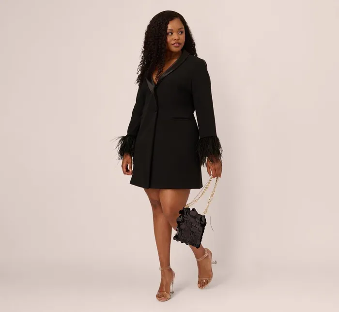 Adrianna Papell Formal Dresses Plus Size Knit Crepe Long Sleeve Blazer Dress With Feather Trim In Black 8211 Women