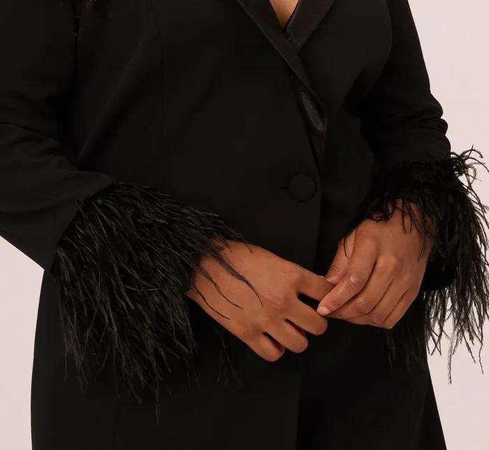 Adrianna Papell Formal Dresses Plus Size Knit Crepe Long Sleeve Blazer Dress With Feather Trim In Black 8211 Women